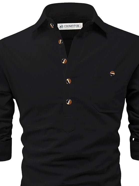 CROWNTAIL Men Pure Cotton Slim Fit Roll Up Full Sleeve Spread Collar Short Kurta with Stylish Design - Image 2