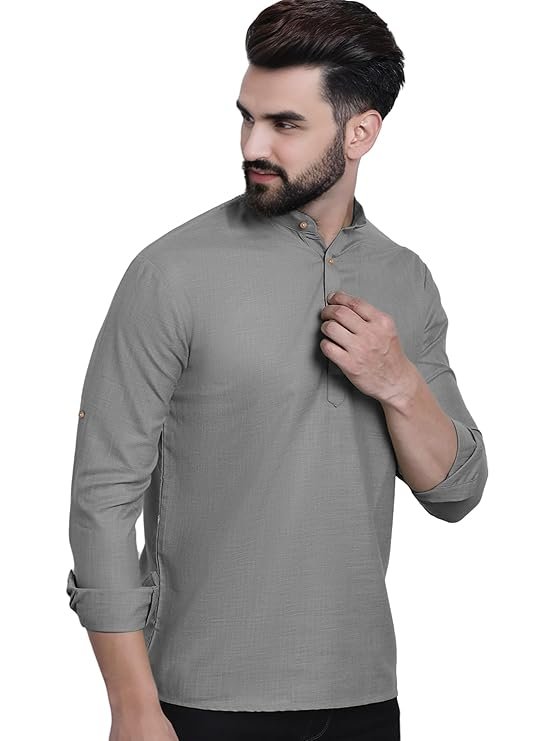 CROWNTAIL Men Pure Cotton Slim Fit Full Sleeve Short Kurta - Image 2