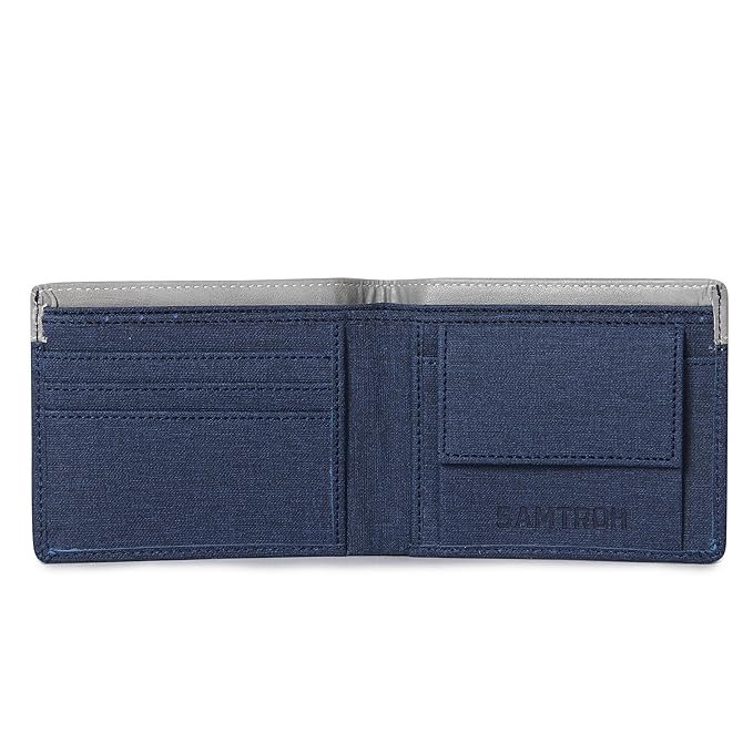 SAMTROH Blue & White Embellished PU Leather Wallet for Men | 3 Card Slots | 2 Currency & Secret Compartments | 1 Coin Pocket - Image 2