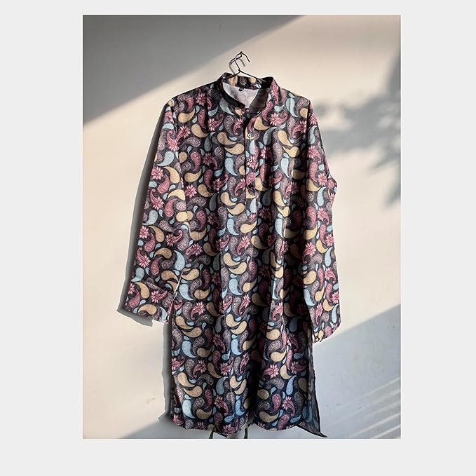 Men's Cotton Kurta Set of 2 – 3D Printed Multicolor & Solid Black | Ethnic Long Kurta - Image 3